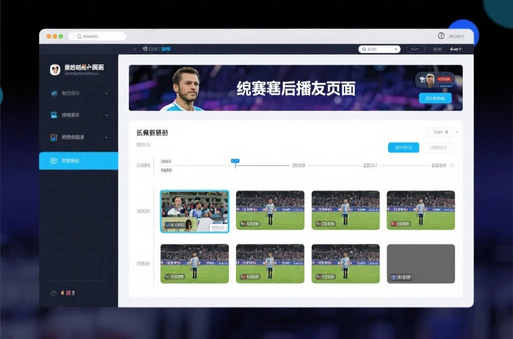 比赛结束后，电视屏幕展示集锦回放页面，旁边有时间轴和多角度切换提示