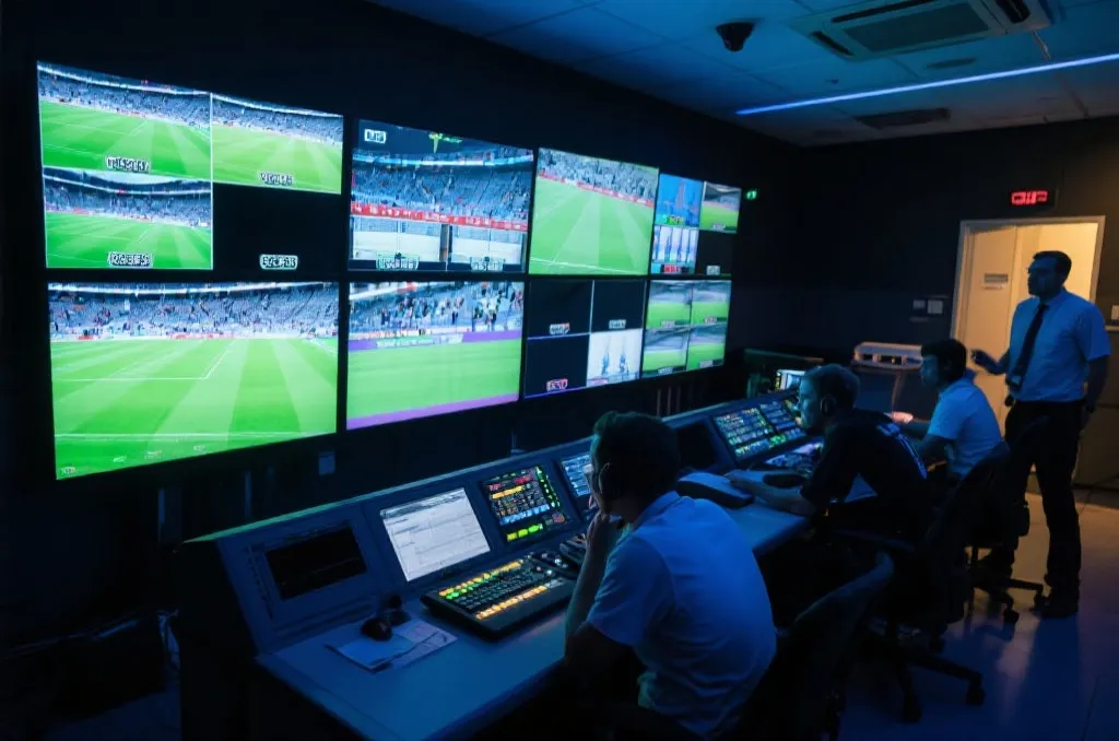 转播控制室里多屏监看世界杯赛事的专业工作场景